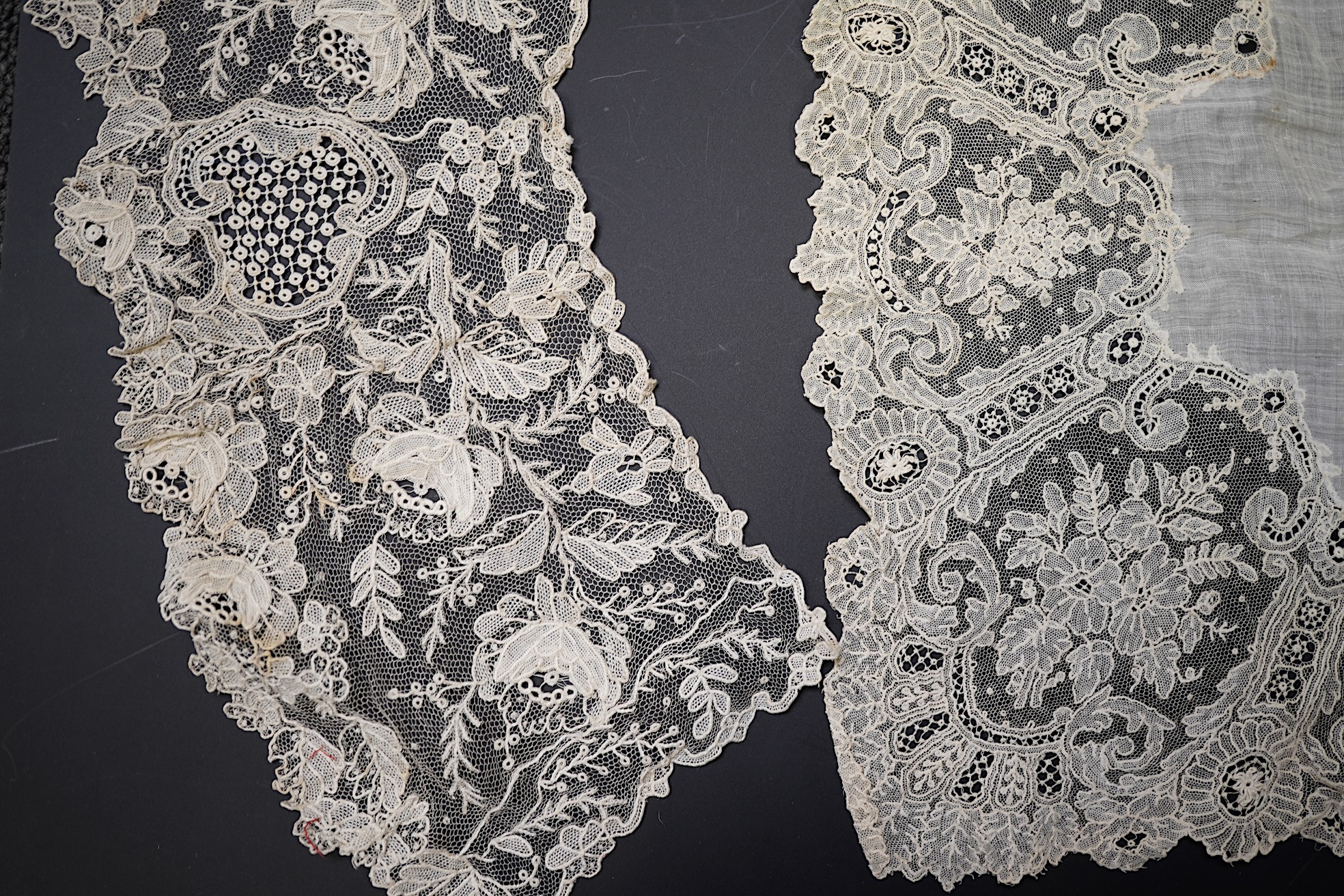A 19th century Brussels Point de Gaz needle lace collar, lappet and wedding hankie, possibly part of a trousseau. The collar having thirty four needle lace raised flower heads within the design. The collar 100cm long x 1